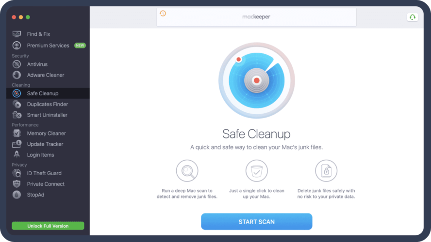 Safe Cleanup Menu and Click on Start Scan from MacKeeper