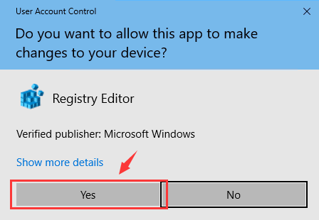 Click On The YES Button To Run The Registry Editor Application