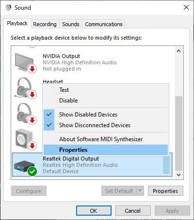 Right Click On The Default Sound Device And Select Properties