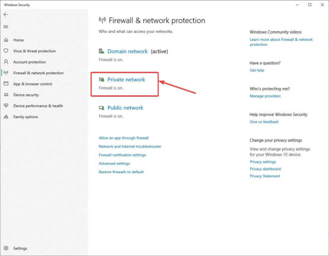 Select Private Network On Firewall And Network Protection