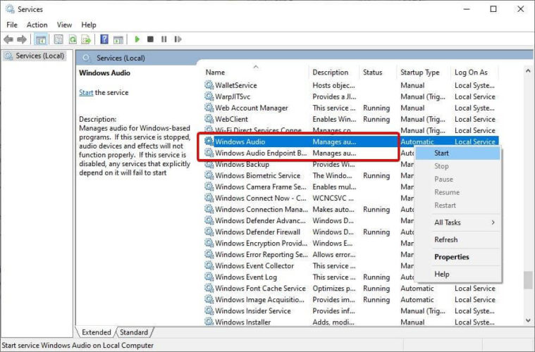 Start Windows Audio And Windows Audio Endpoint Builder Service