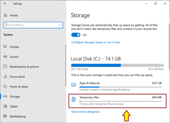 Temporary Files option after turn on Storage Sense