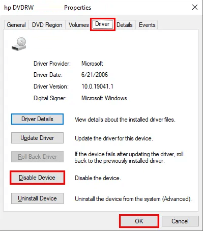 Click on The Driver Subtab an Select Disable