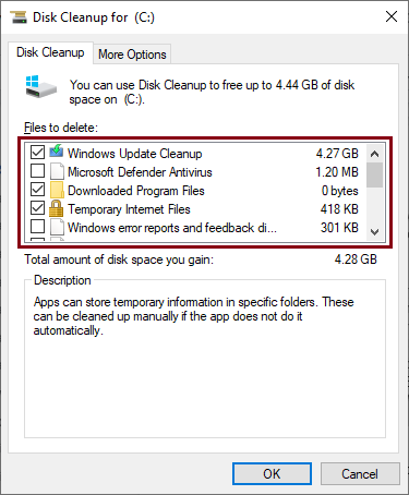 disk cleanup files to delete