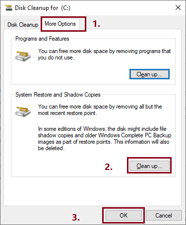 disk cleanup - system restore and shadow copies clean up