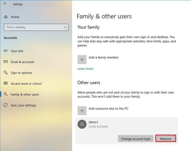 Remove some other device from family and other users