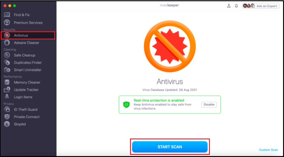 Start Scan from Antivirus Option in MacKeeper