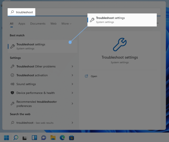 Type Troubleshoot in windows 11 search bar