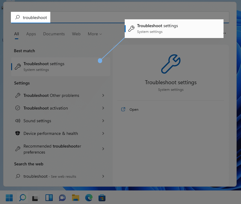 type Troubleshoot in windows 11 search bar