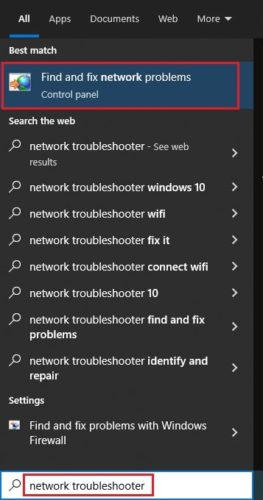 Type network troubleshooter in Windows Search Box