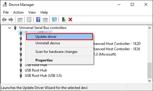 Update usb device driver from Universal Serial Bus Controllers