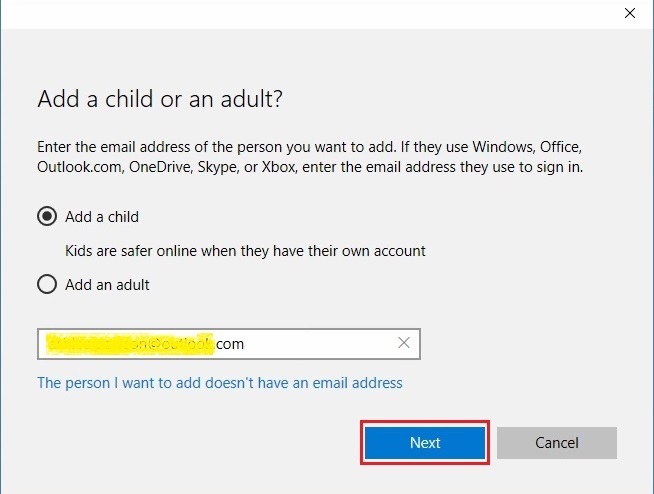 Create one account for a child