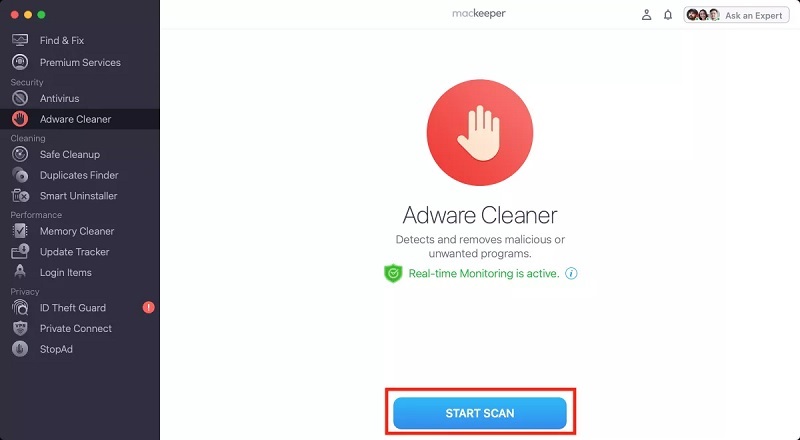 Adware Cleaner Start Scan in MacKeeper
