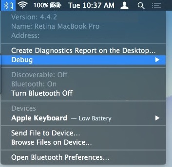 Bluetooth debug option appear on mac