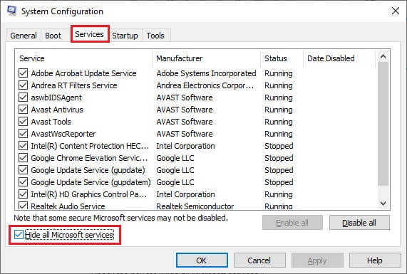 Check Hide All Microsoft Services From Services Tab In System Configuration