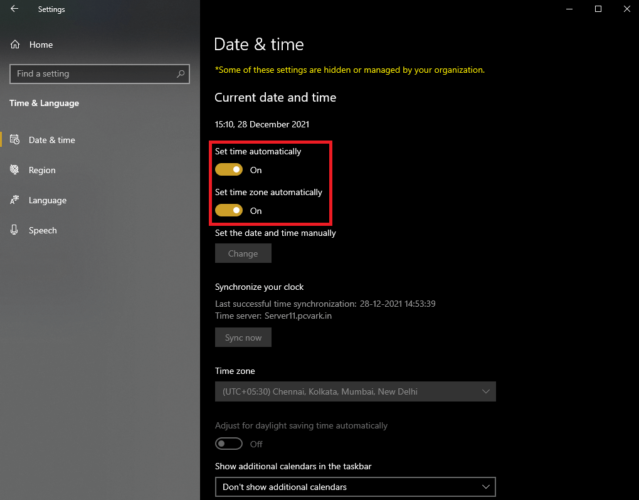Check the Time on Your Pc And Set It by Toggling on Or off Set Time Automatically And Set Time Zone Automatically
