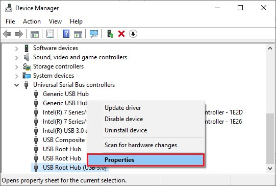 Choose USB Root Hub 3.0 Properties