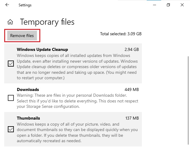 clear up the space by click on remove files button