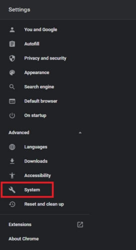 Click On Advanced and Then On System On Chrome Browser