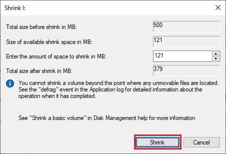 Click The Shrink Button After Entering The Amount Of Space You Wish To Save In Mb