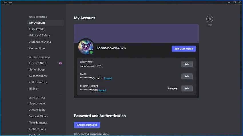 Discord User Setting Page