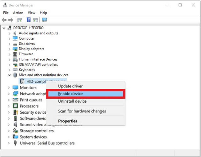 Enable HID-compliant mouse device from Device Manager