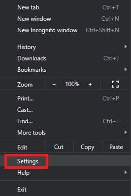 From The Drop Down Menu, Click On Settings On Chrome Browser