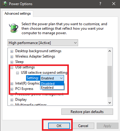 Look for USB settings and Disable USB Selective Suspend Setting