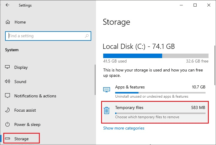 Pick storage and Select the Temporary files area from the Local Disk C: section