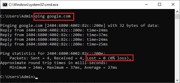 ping google for internet connection