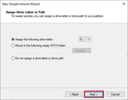 Select Next After Accepting The Default Drive Letter Or Selecting A Different Letter For The Partition