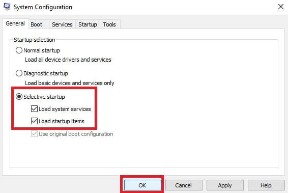 Select Selective Startup, Load System Services, and Load Startup Items Then Press Ok