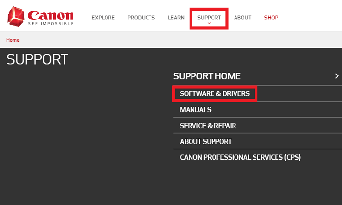 Select Software and Updates to Update Canon Drivers