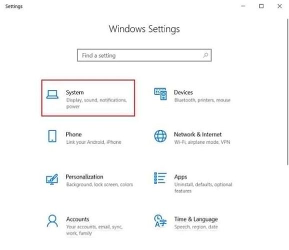 Select System on Windows Settings