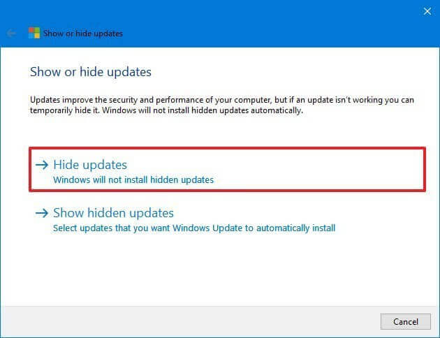 Select the Hide updates option