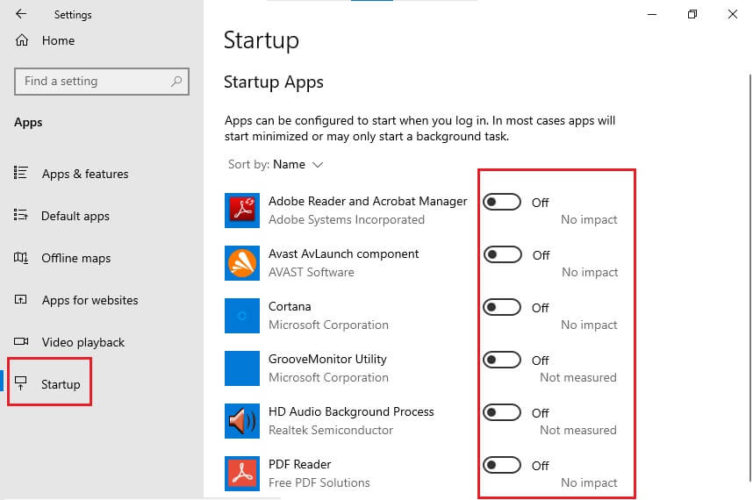 Toggle Off The Switches For Startup Apps