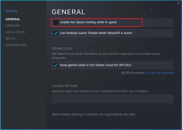 Uncheck Box For Steam Overlay