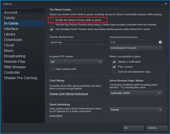 Uncheck Box For Steam Overlay For Single Game