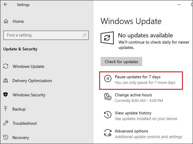 Under Windows Update, select Pause Updates for seven days