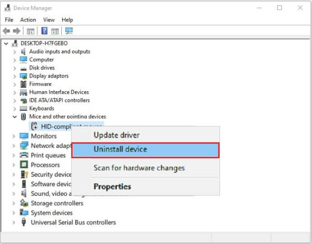Uninstall HID-compliant mouse Device from Device Manager