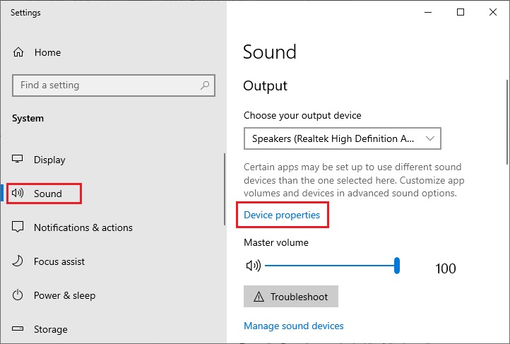 Choose device properties under sound settings