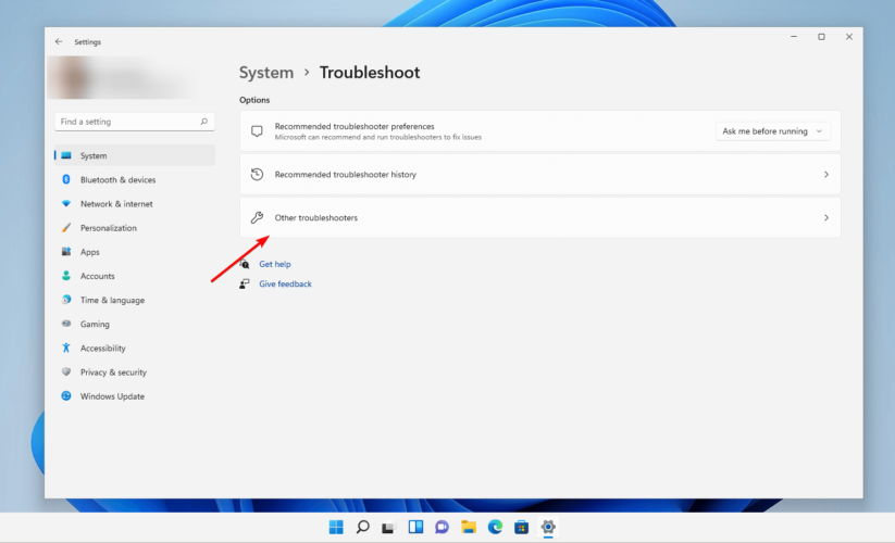 Click on other troubleshooters on Windows 11