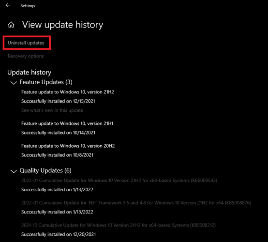 Click On The Uninstall Updates In History Windows