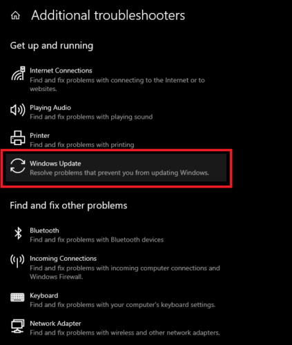 Click On Windows Update In Additional Troubleshooters