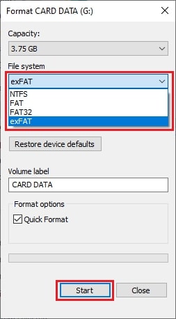Select File System For Format SD Card