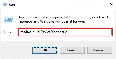 Type msdt.exe -id DeviceDiagnostic