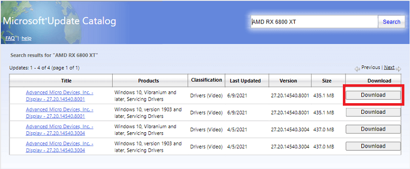 Microsoft Update Catelog - Download AMD RX 6800 XT