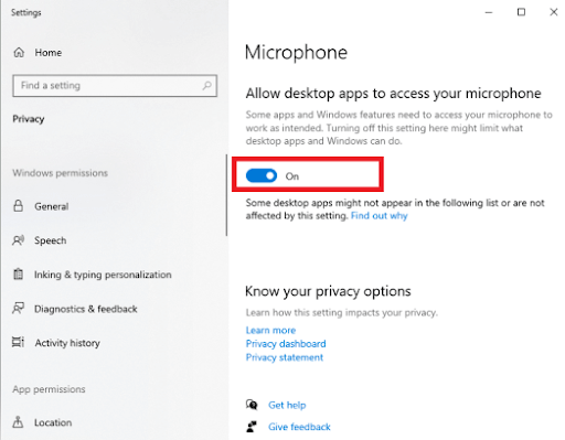 Allow desktop apps to access your microphone