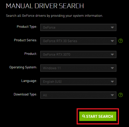 Manual Driver Search - Click on Start Search