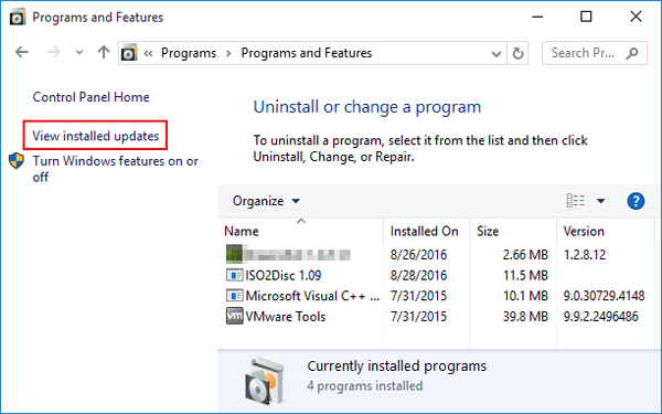 View installed updates in Windows 7